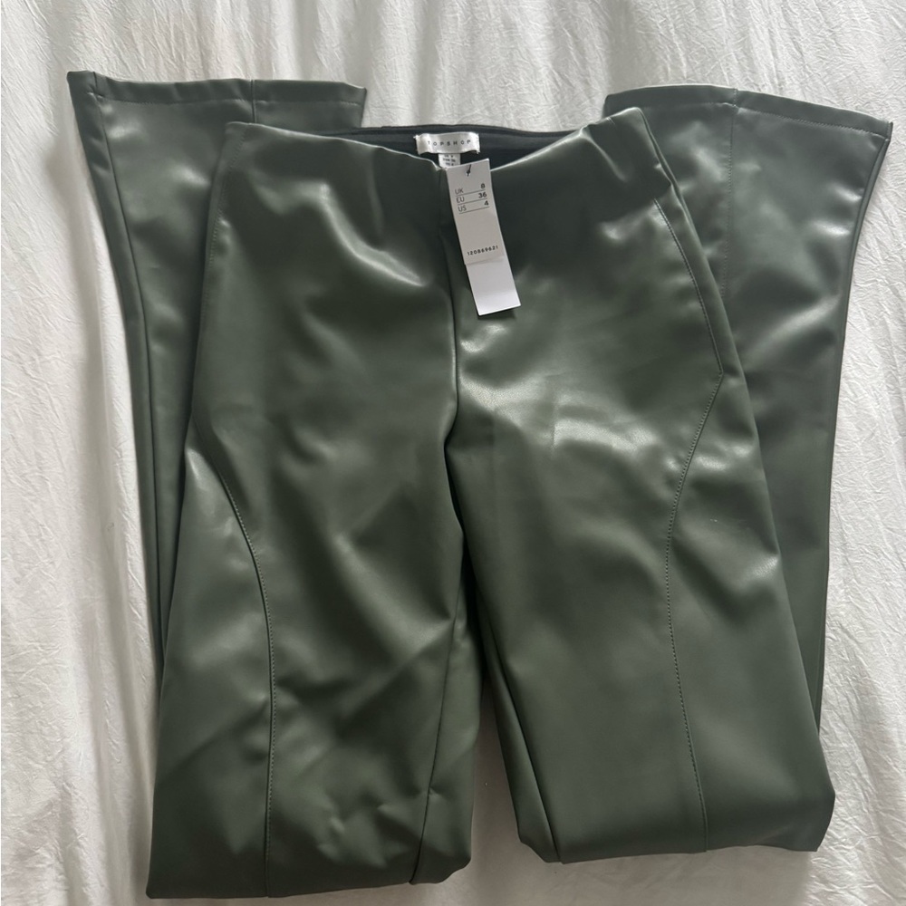 NWT Top Shop Flared Split Hem Green Faux Leather Pants